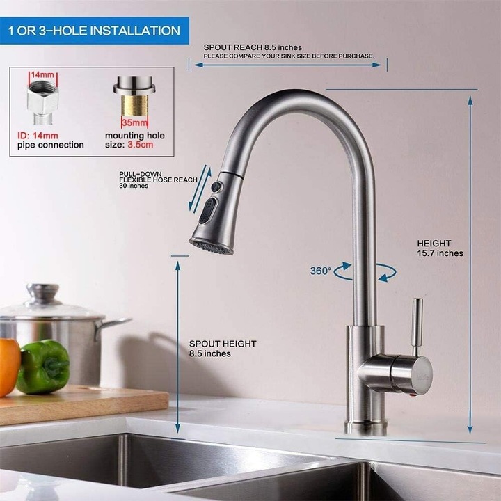 Санитарен смесител, TNEAYWHE, висок неръждаема стомана, покритие от четкано никел, с прибираща се дюза, въртящ се на 360°, за кухня