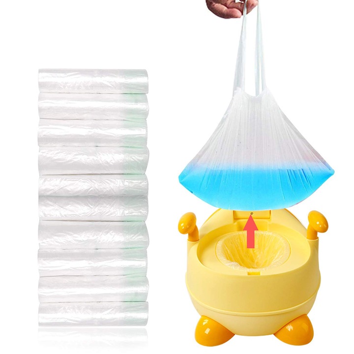 Set 100 pungi de unica folosinta pentru olita, cu snur, 44x24cm