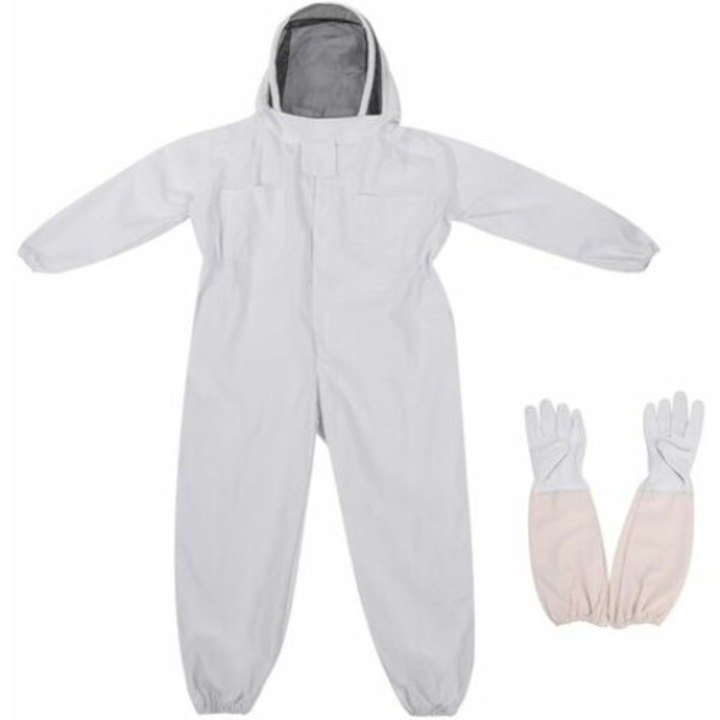 Costum apicol profesional, echipament de protectie anti-albine, cu manusi lungi si gluga, alb, marimi L-XXL