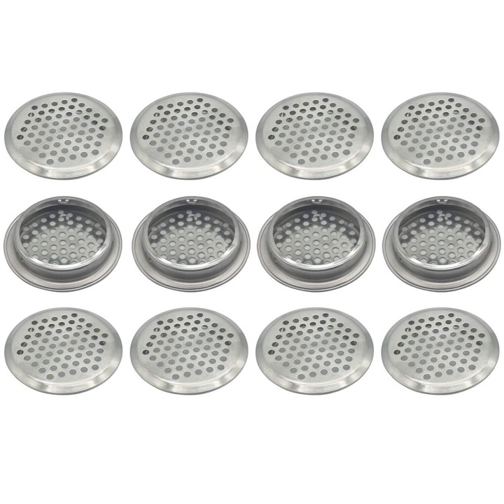 Set 12 grile de ventilatie rotunde, inox, 53x11mm, design plasa, argintiu