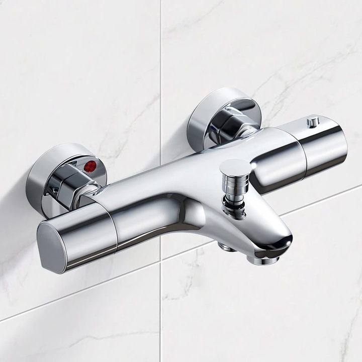 Robinet termostatic pentru cada, cu 2 iesiri de apa, din alama, finisaj cromat, temperatura de siguranta 38C, distanta centrala 135-175mm