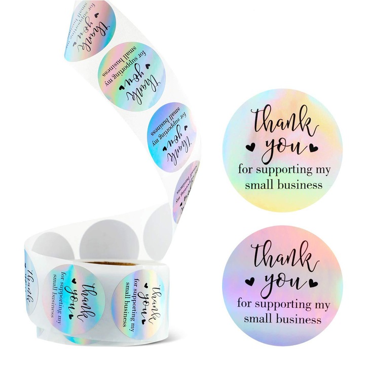 Holografikus köszönő matrica készlet, Enforose, 1000 db, vízálló, többszínű