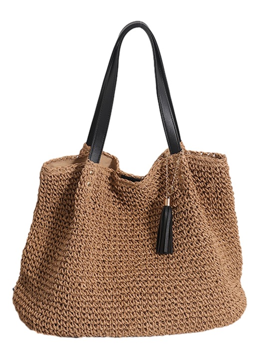 Geanta de plaja BGHYHYHI, paie, cu ciucuri, maro, 41x31x3cm