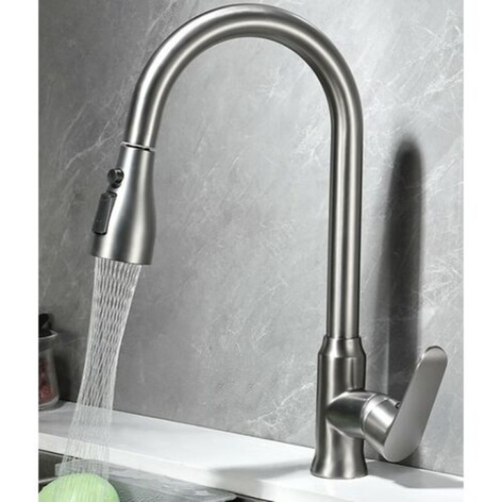 Konyhai csaptelep, 3 fúvókás mód, rozsdamentes acél, 360°-os elforgatás, 60 cm-es befolyócső, ezüst