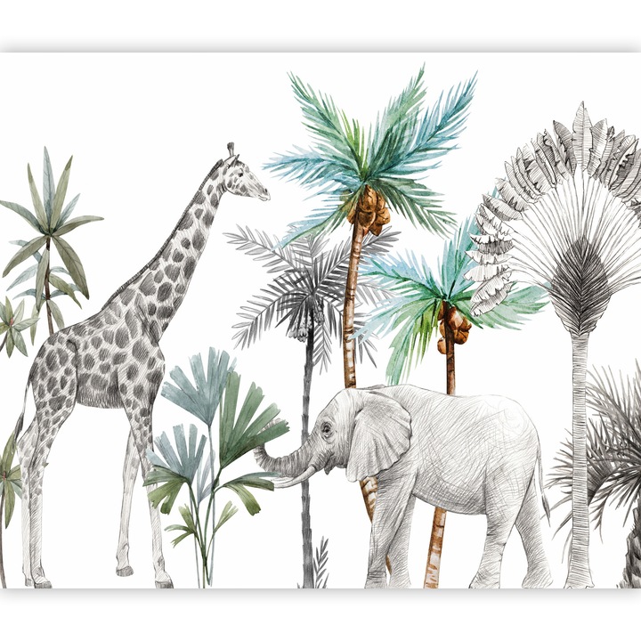 Fototapet Standard - Jungle Animals Wallpaper for Children's Room in Cartoon Style - 200 x 140 cm