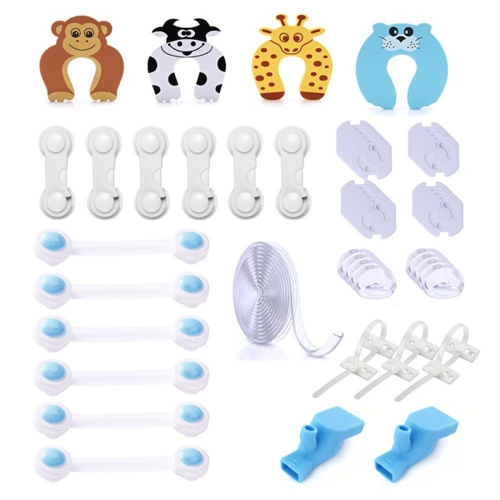 Biztonsági rendszer készlet gyerekeknek, ABS, Ajtó- és fiókzárak, Aljzatbiztosítékok, Többszínű