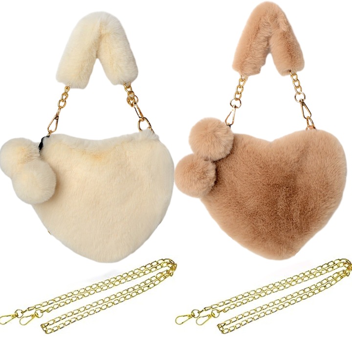 2 darab aranyos szív alakú plüss táska, majdnem fehér + világos khaki