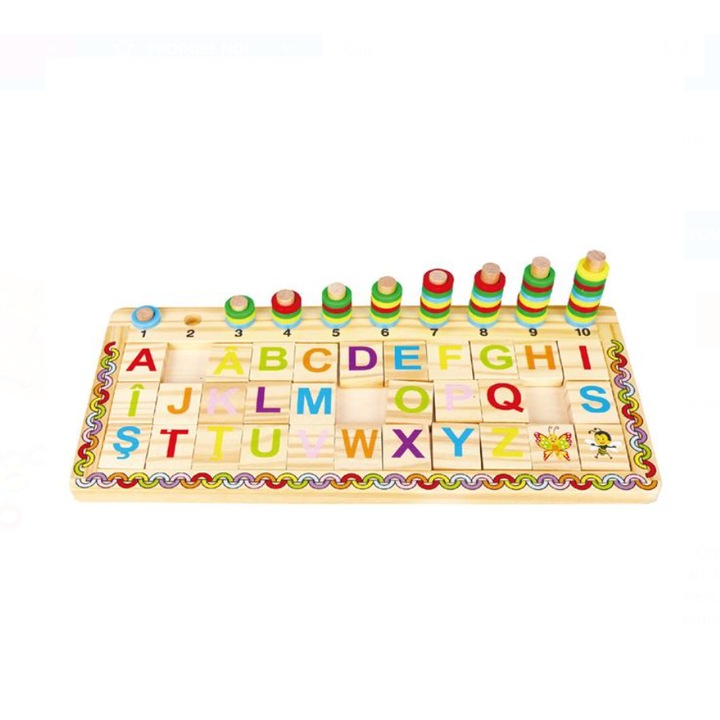Oktató fából készült puzzle ábécével és számokkal 41,5x19cm 32 darab