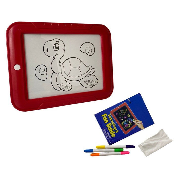 Tableta Grafica cu LCD, Magic Pad, 8 tip Lumina, 3 Pixuri Colorate cu doua capete, 30 de Sabloane, Suport pentru Tableta, Curatator de Ecran, 25 cm x 19 cm HAPPY JOKER®