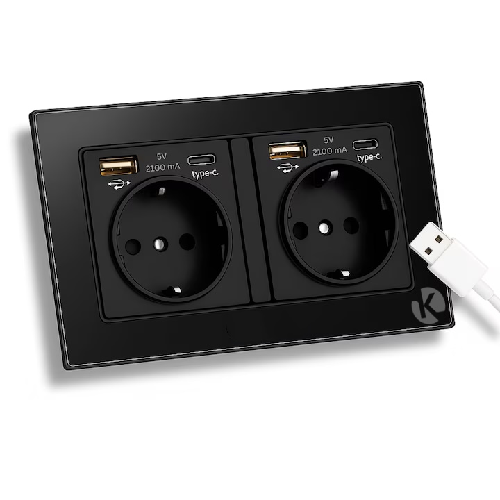 Priza Electrica Dubla cu Rama din Sticla Securizata Konzmann, Doza Inclusa In Pachet, 230V, 2 Porturi USB-A si 2 Porturi USB-C, 5V, 2A, Durabila, Rezistenta la Zgarieturi, Negru