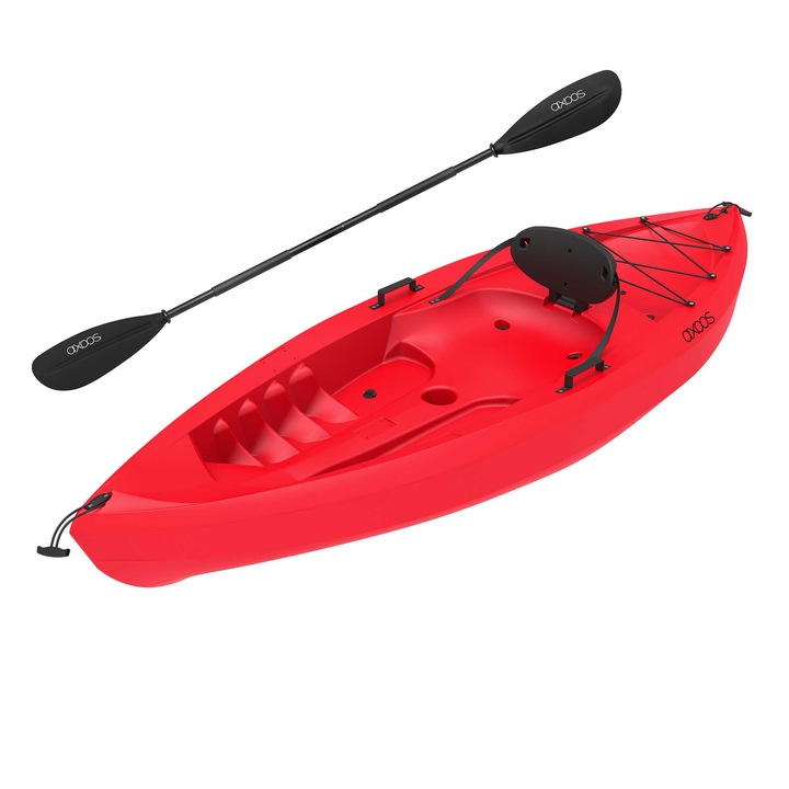 Pachet caiac de pescuit pentru o persoana, model Sit On Top, rosu, lungime 2,44 metri si padela inclusa