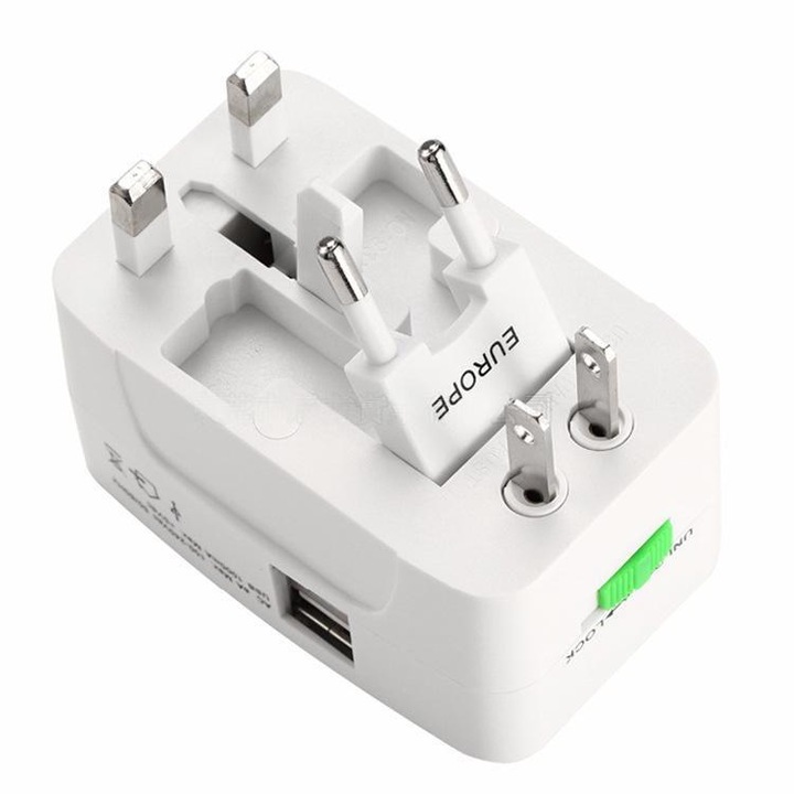 Univerzális utazási adapter, polikarbonát, Európa/USA/UK/Ausztrália, USB, fehér