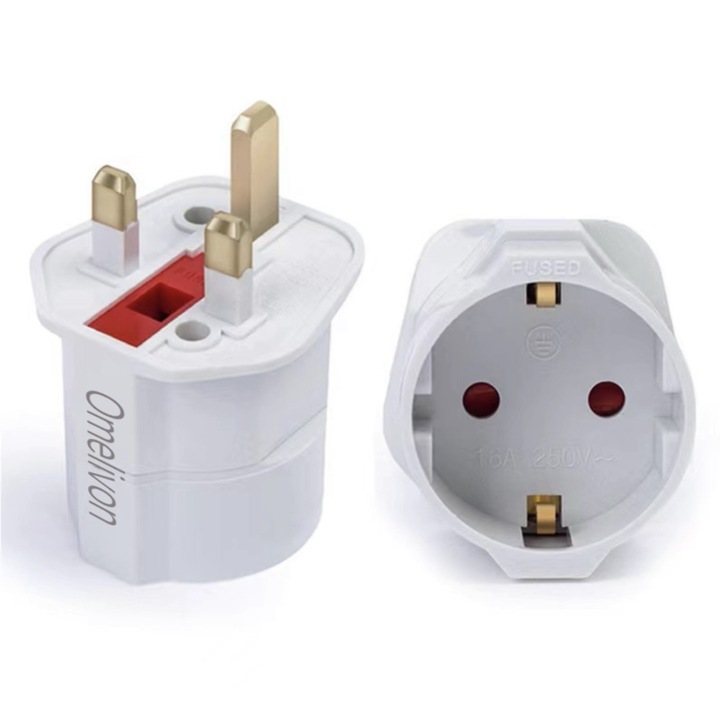 Set 2 adaptoare priza EU-UK, Omelivon ®，Siguranta inclusa, ABS, Alb