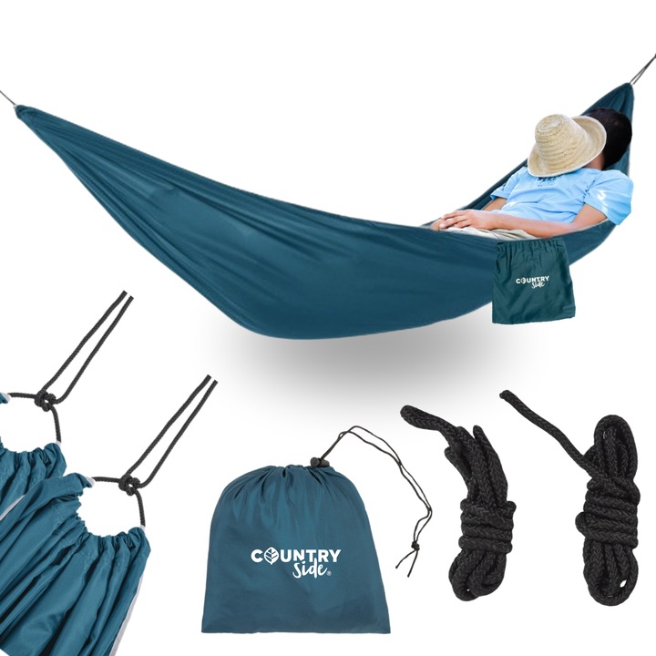 Hamac pentru o persoana, CountrySide, Pentru camping, outdoor, Portabil cu sac depozitare integrat, Max. 110 Kg 255 x 150 cm, Albastru