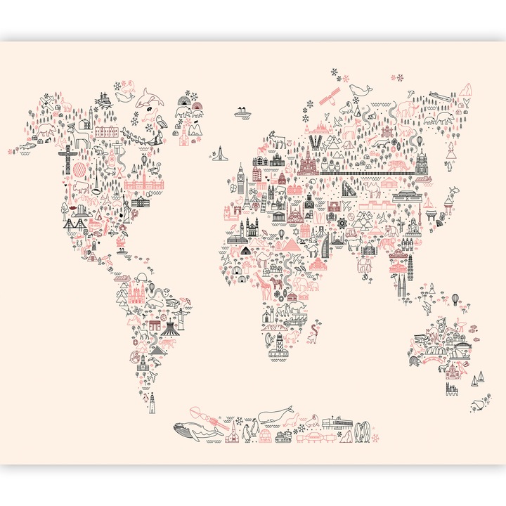 Fototapet Standard - Map With Icons - Cartoon Representation of the World in Pastel Colours - 200 x 140 cm