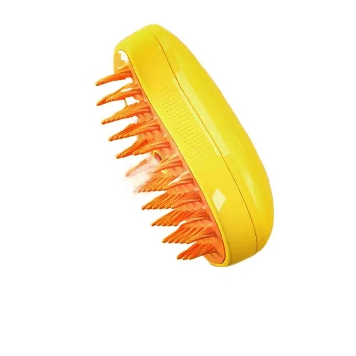 Permetező kefe kutya- és macskaszőr ápoláshoz, USB-vel tölthető, tartállyal, narancssárga/sárga, 11x15x7cm