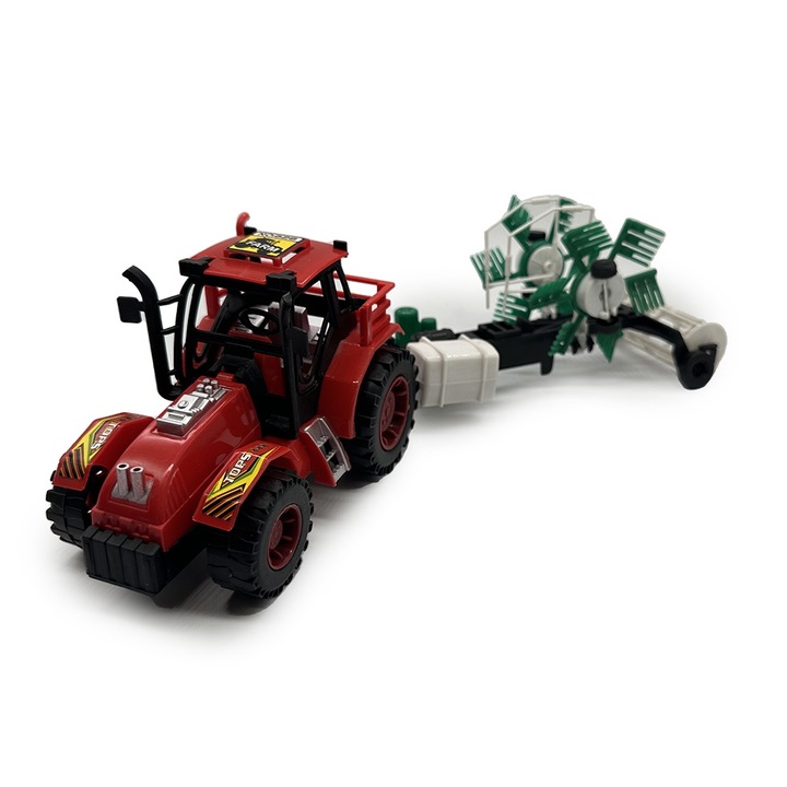 Tractor cu Utilaj Agricol de Balotat, 32 cm, John Deere, Motor Pull Back, cu Figurina, VisionXXI