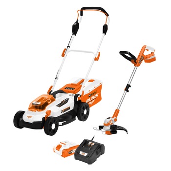 Pachet Masina de tuns gazon/iarba pe acumulator Ruris RXI3324e + Trimmer de tuns gazon/iarba pe acumulator Ruris 2024e + Kit incarcator si acumulator Ruris AlfaUp2424e