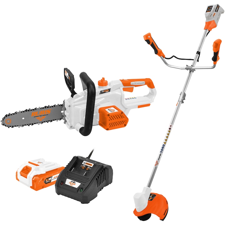 Комплект Ruris 3024e акумулаторна коса + Ruris 2524e акумулаторен трион + Ruris AlfaUp2424e комплект батерия и зарядно устройство