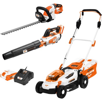Pachet Masina de tuns gazon/iarba pe acumulator Ruris RXI3324e + Foarfeca de tuns gard viu pe acumulator Ruris 4024e + Suflanta frunze pe acumulator Ruris 1224e + Kit incarcator si acumulator Ruris AlfaUp2424e