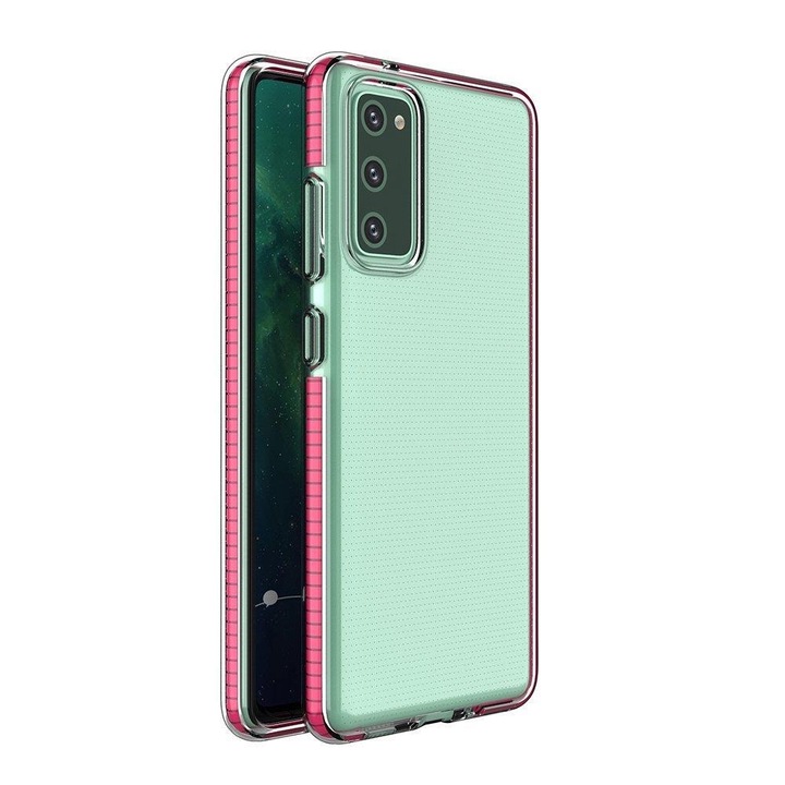 Husa Spring pentru Samsung Galaxy A72 4G, Hurtel, TPU flexibil si rama metalica, roz inchis/transparent