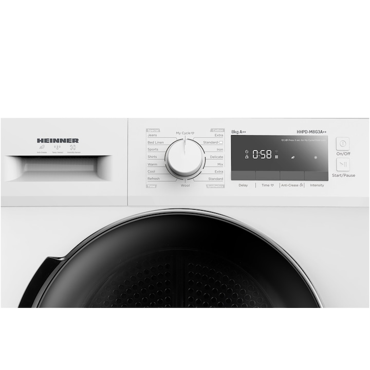 Сушилня Heinner HHPD-M8G3A++, Термопомпа, 8 кг, 14 програми, Клас A++, LED дисплей, Осветление в барабана, Заключване за деца, Бял