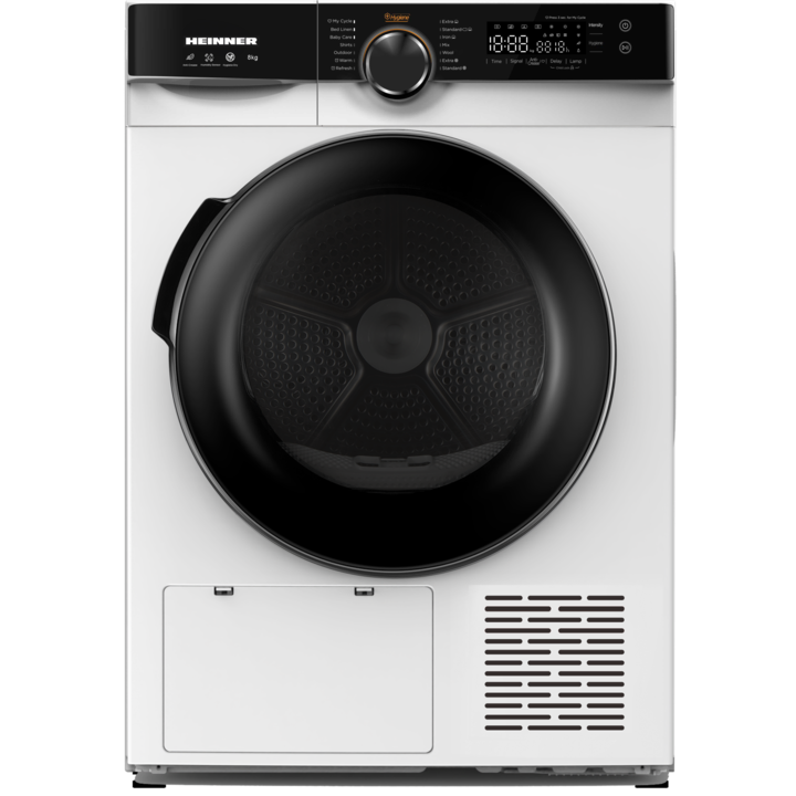 Сушилня Heinner HHPD-M8K3A++, Термопомпа, 8 кг, 14 програми, Клас A++, Сензорно управление, Сензор за влажност, LED дисплей, Осветление в барабана, Заключване за деца, Бял