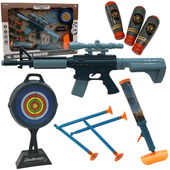 Set Arme de Jucarie, Pistol cu Glont Moale, Lansator de Rachete, Tinta, 59x6.5x43cm, +3 ani