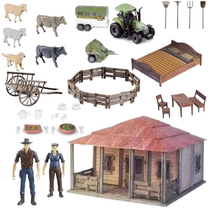 Set Ferma Mare cu Casa Fermierului, Import ProNice, 2 figurine, 5 animale, tractor, mobilier, 49x44x10cm