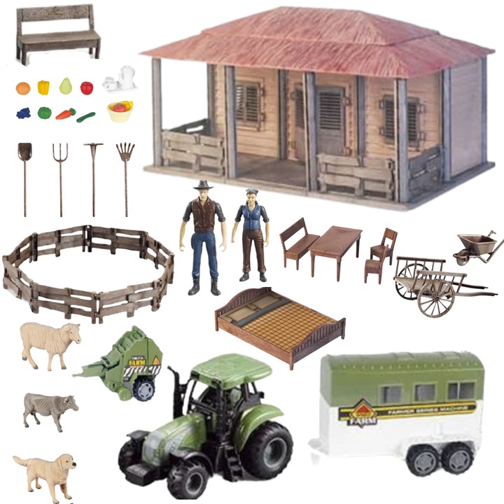 Set de joaca, ferma, Import ProNice, casa fermierului, tractor, animale, mobilier, 44x40x10cm