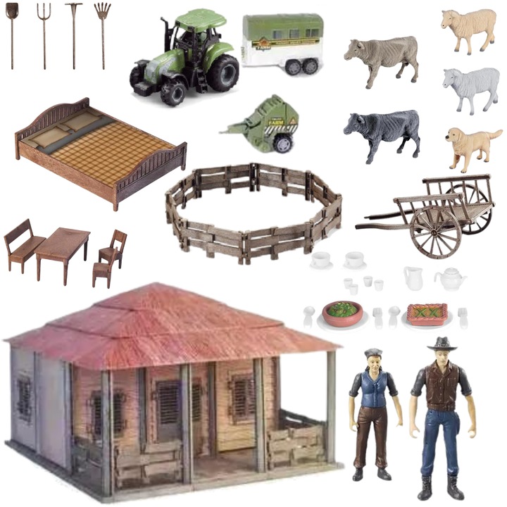 Set de joaca ferma, Import ProNice, 2 figurine fermier, 5 animale, tractor cu remorca, multicolor, 49x44x10cm