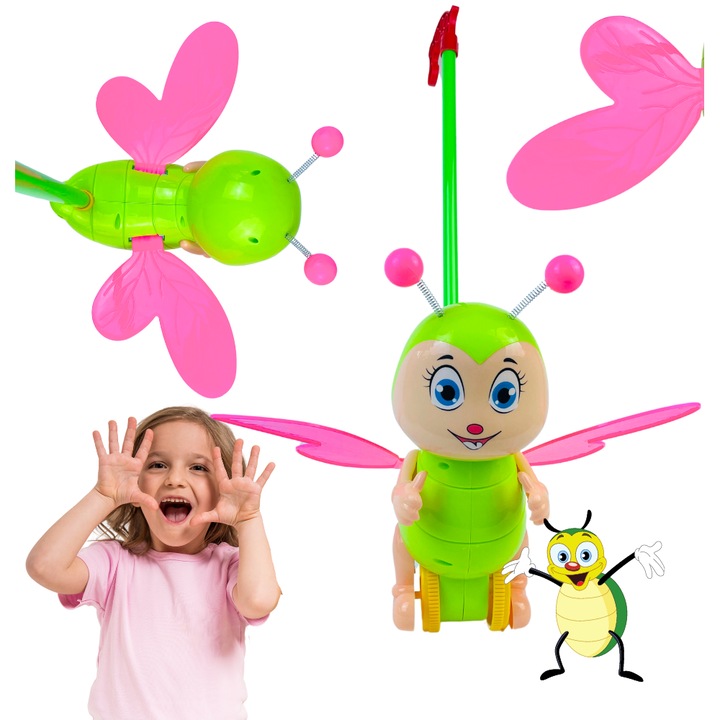 Carabus interactiv verde cu aripi roz, sunete, 28x17cm, set jucarii de plus