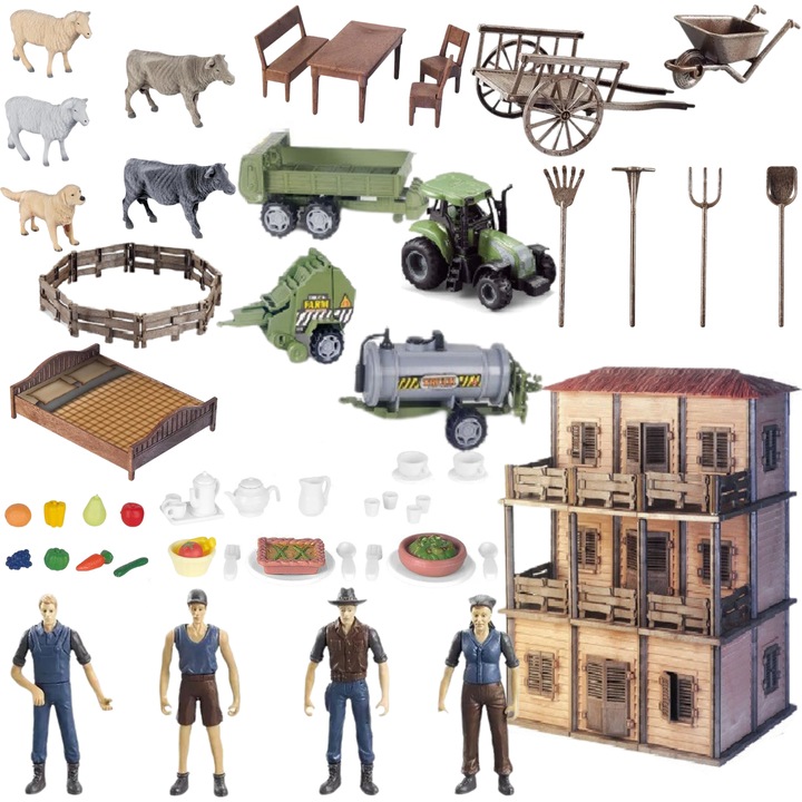 Set joaca ferma Import ProNice, casa fermier, menajera, animale, tractor, multicolor, 60x52x10cm