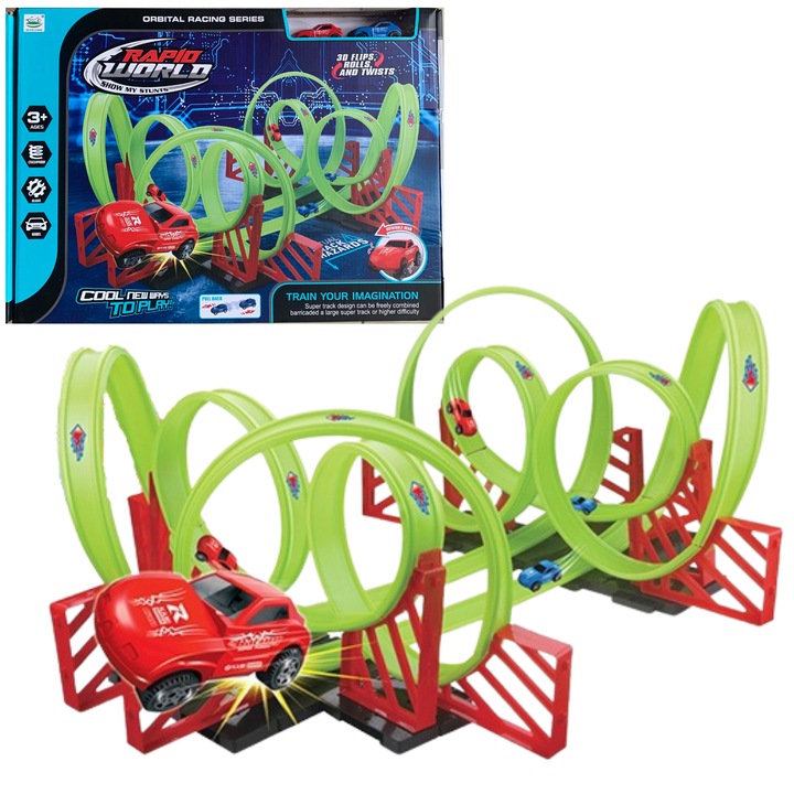 Set circuit de masini cu 2 masinute, Maksik, 50,5x5,5x36,5cm, pentru copii 3+