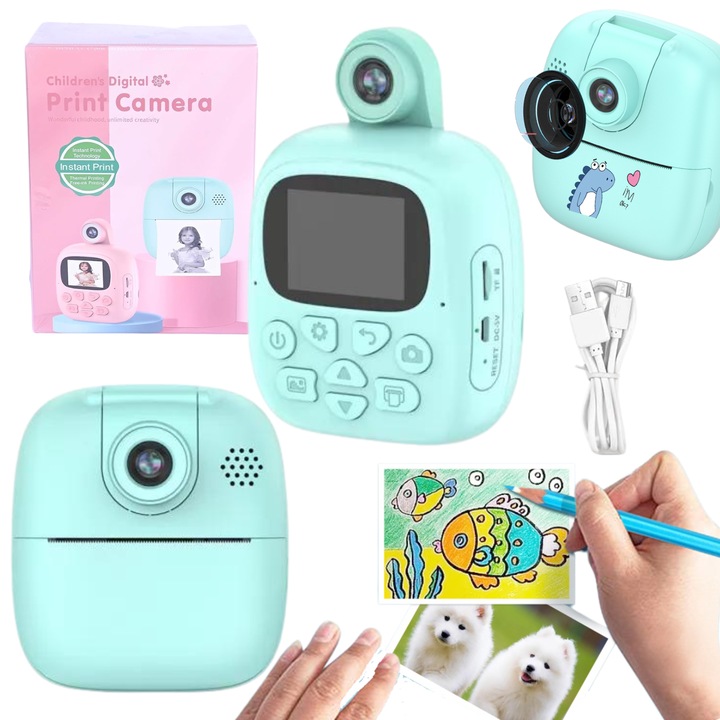 Детски фотоапарат, Import ProNice, с функция за печат, 2 налични цвята, 7x6,5x14,5см, пълен комплект