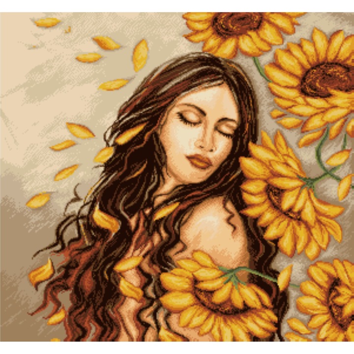 Goblen Regina florii soarelui, Rogoblen - kit cu diagrama color, fire mouline si panza bej caroiata, 28x30 cm