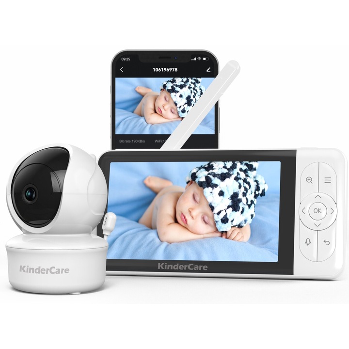 Baby Monitor WiFi 4 in 1 LikeSmart KinderCare 2k 5", Aplicatie Telefon/Tableta, Rotire 355°/120°, USB Type-C, NightVision, Sunet BiDirectional, Temperatura AI, Detectie Sunet si Miscare, Alb