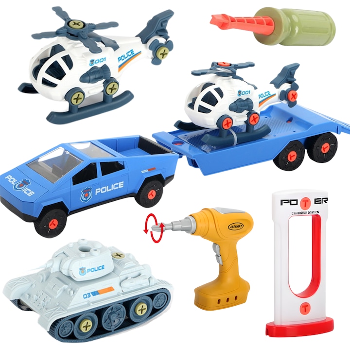 Set masinuta de montaj cu remorca, Maksik, vehicul cu piese mobile, tanc, elicopter, 51x11x31cm