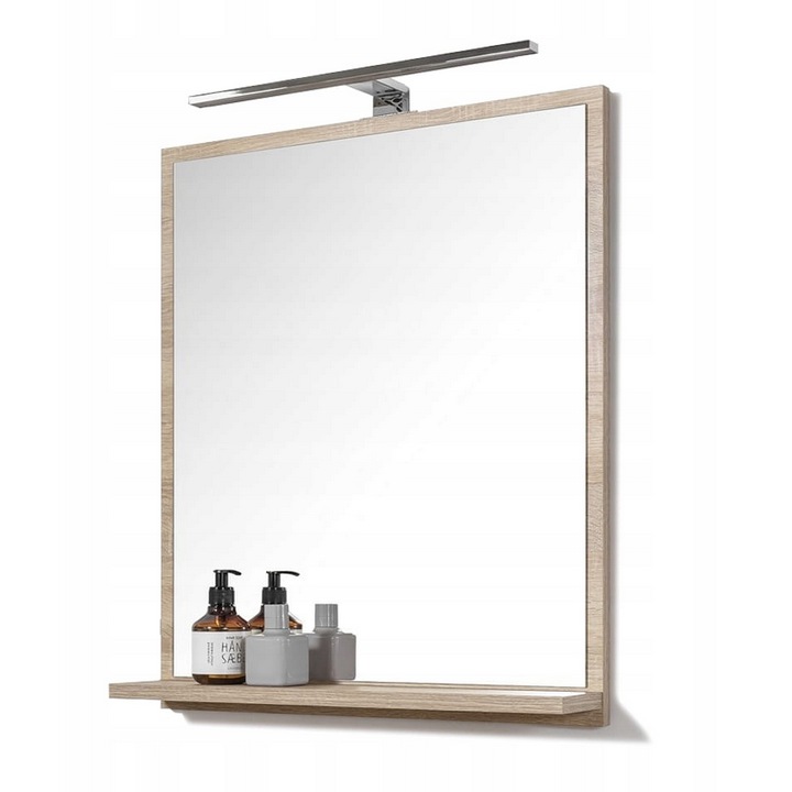 Oglinda cu raft pentru baie, Enzim, iluminare LED, 60x70x12cm, stejar sonoma