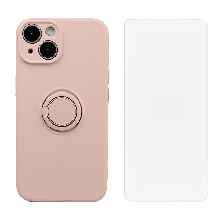 Set protectie pentru Apple iPhone 14, Husa Colour Ring si Folie, Silicon Rezistent, Microfibra, Anti-zgarieturi, Anti-soc, Inel metalic 360, Protectie Camera, Margini ridicate, Roz Deschis