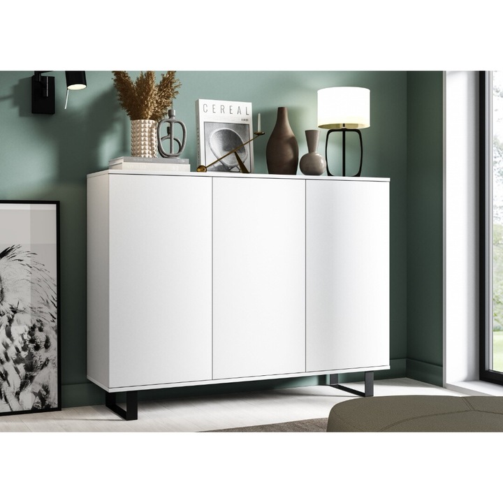 Comoda moderna cu 3 usi, pentru living, dormitor, deschidere push open, rafturi, alb, picioare negre moderne, 150 x100x40 cm