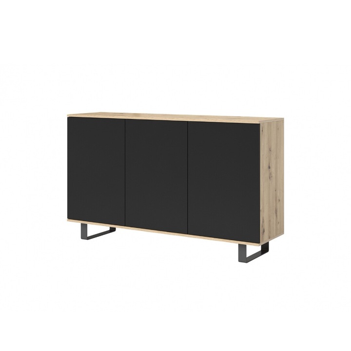 Comoda moderna cu 3 usi, pentru living, dormitor, deschidere push open, rafturi, stejar artisan/negru, picioare negre moderne, 150 x100x40 cm