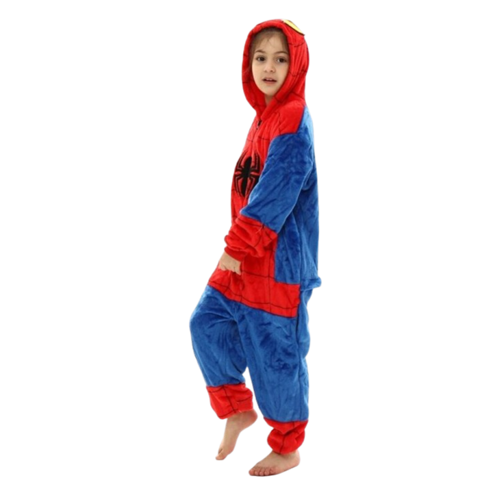 Vastag pizsama gyerekeknek, Onesie, Spiderman modell, bolyhos és puha, M-es méret 130 cm, 8-10 éves korig, Zöld/Kék