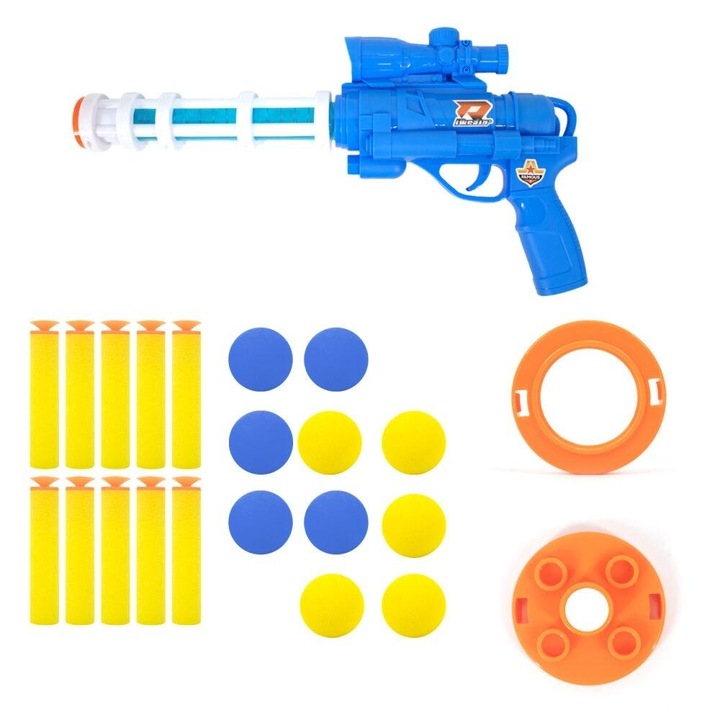 Set pistol Icom pentru copii, 2 tipuri de proiectile, galben/albastru