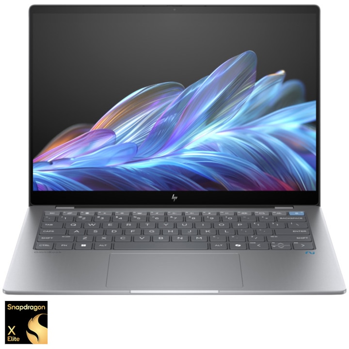 Laptop HP OmniBook X 14-fe0000nn cu procesor Qualcomm® Snapdragon® X Elite X1E-78-100 pana la 3.4GHz, 14'', 2.2K, IPS, Touch, 16GB LPDDR5x, 1TB SSD, Qualcomm® Adreno™, Windows 11 Home, Argintiu