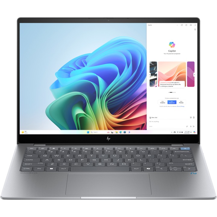 Лаптоп HP OmniBook X 14-fe0000nn, Snapdragon® X Elite X1E-78-100, 14'', 2.2K, IPS, Touch, 16GB LPDDR5x, 1TB SSD, Qualcomm® Adreno™, Windows 11 Home, Сребрист