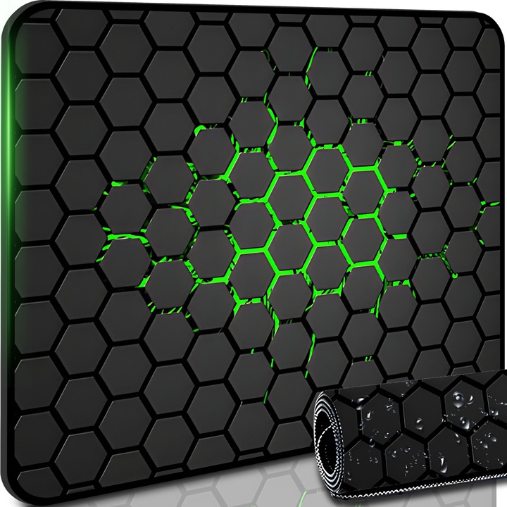 Mousepad Profesional pentru Gaming, Baza Cauciucata, Margini Cusute, Retoo Hexagon, 350x250x3mm, Gri-Negru-Verde