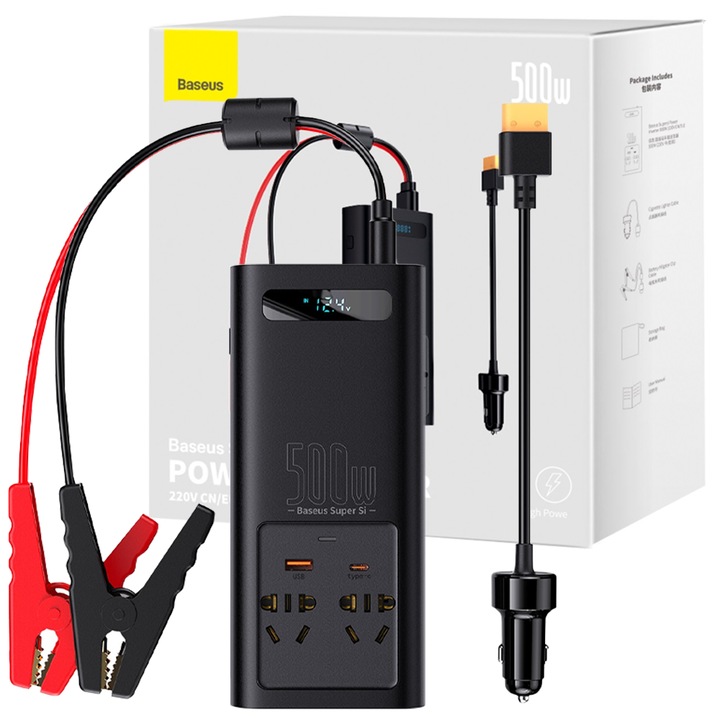 Inverter auto Baseus 150W 12V / 500W 220V, 2 x AC, USB, negru, set complet