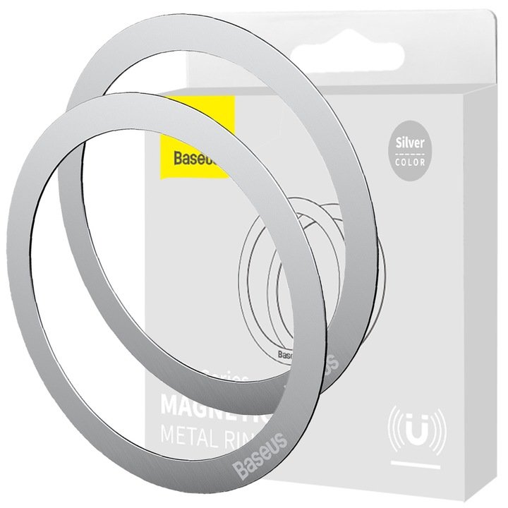 Set 2 Inele magnetice, Baseus, Pentru incarcare Wireless, 55 mm, Argintiu