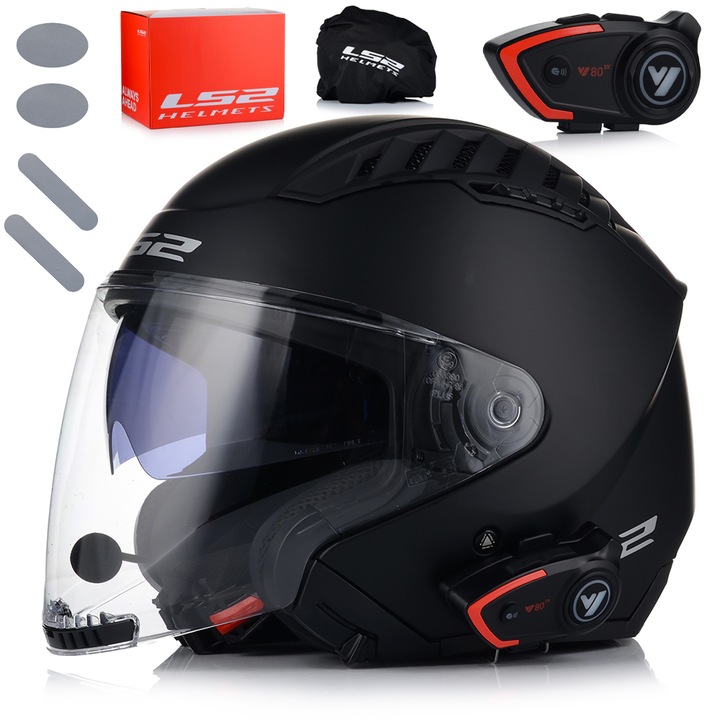 Мотоциклетна каска с вградени очила, LS2 OF600, Черна, ECE 22.06, Комуникационна система, M 57-58